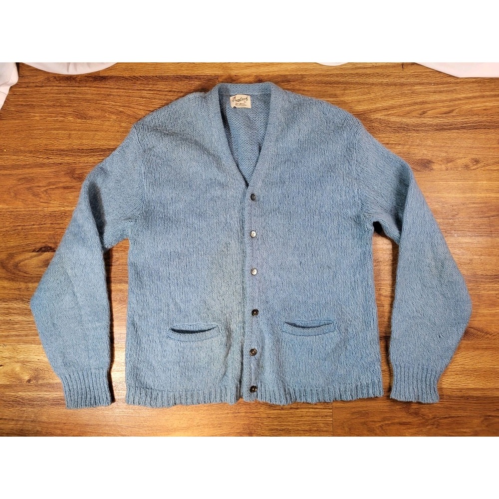 Vintage 60s Blue Wool Mohair Cardigan XL  Kurt Cobain Grunge Fuzzy Cranbrook